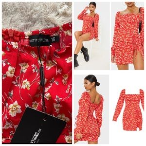 Pretty little thing Red Ditsy Floral Bow Detail Side Split Bodycon Dress.